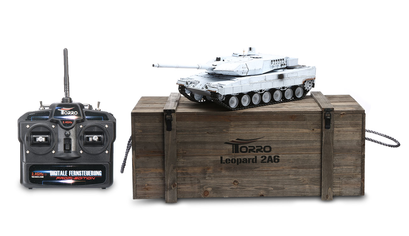 Torro RC Panzer Leopard 2A6, UN Weigrau Pro-Edition 1:16 schussfhig, Rauch & Sound, Metallgetriebe und Metallketten, RTR