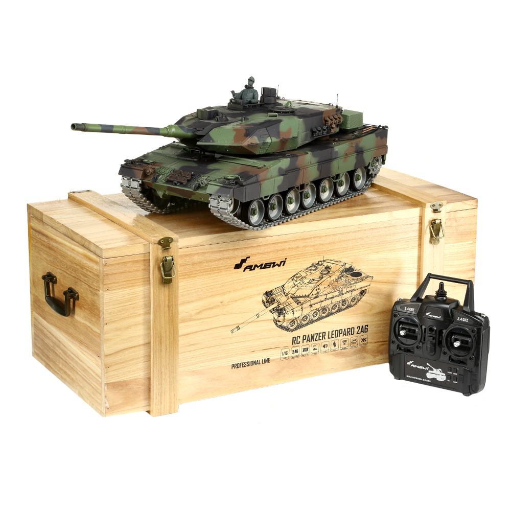 Amewi Rc Panzer Leopard 2A6 tarn, 1:16, RTR, Professional Line IR+BB Rauch & Sound Metallgetriebe Metallketten