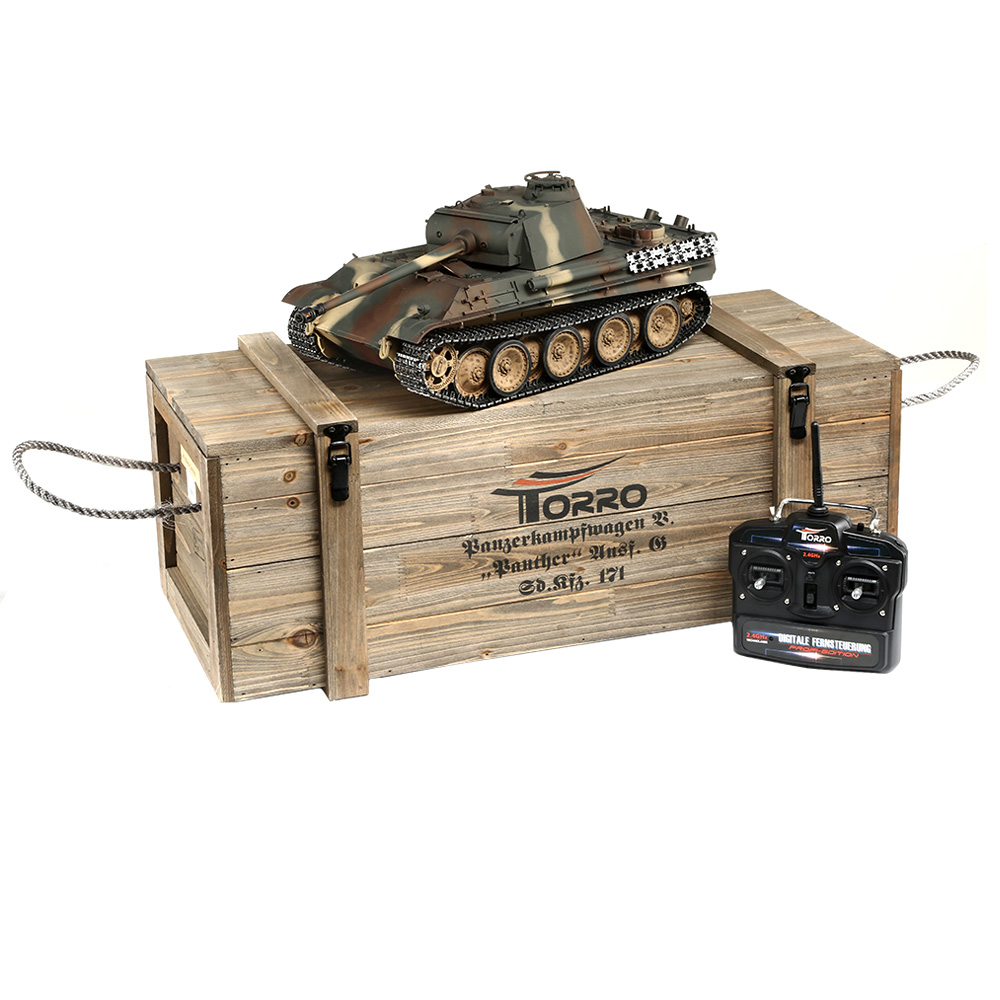 Torro RC Panzer Panther G tarn Profi-Edition 1:16 Infrarot Battlesystem, Rauch & Sound, Metallgetriebe und Metallketten, RTR