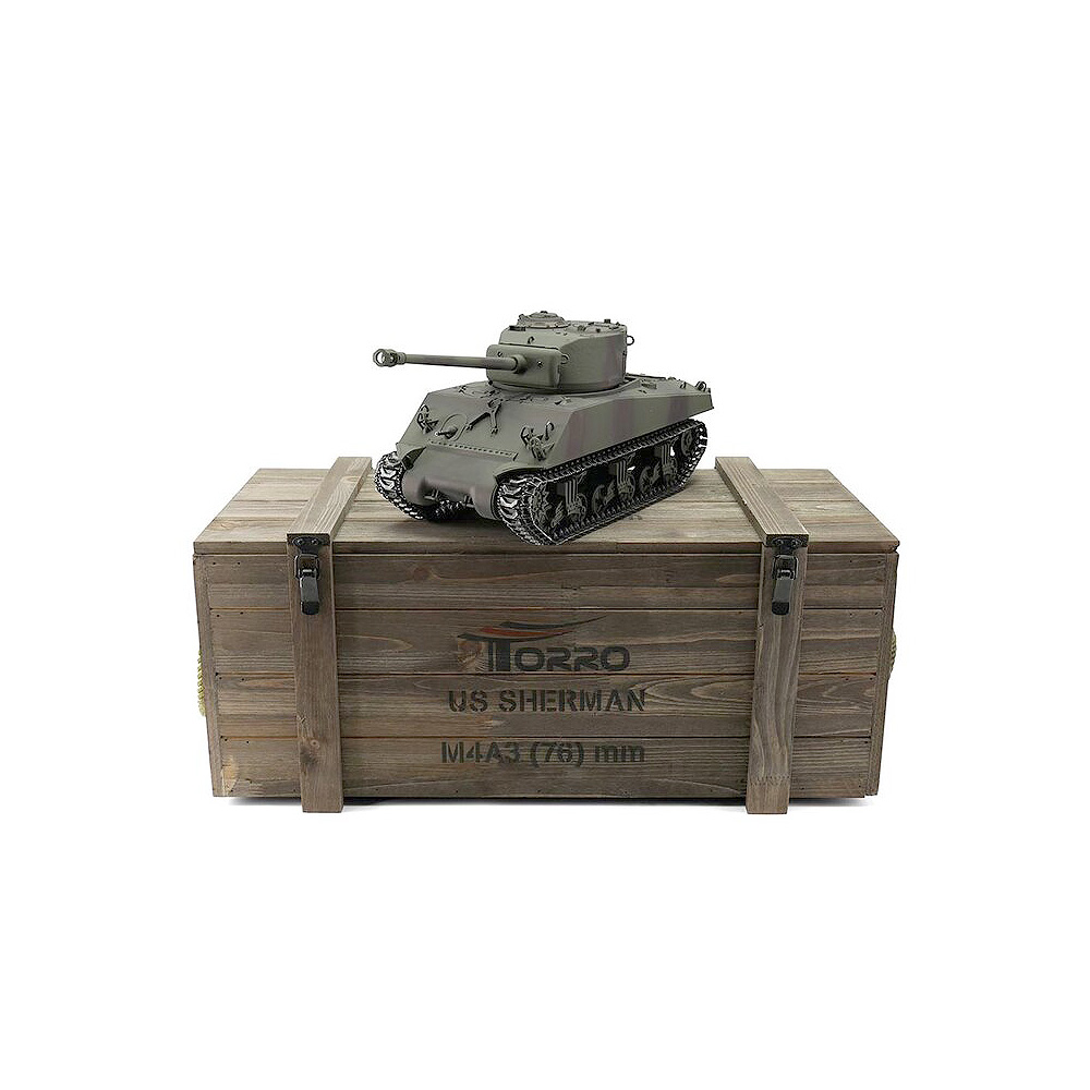 Torro RC Panzer M4A3 Sherman 76mm, grün Profi-Edition 1:16 schussfähig, Rauch & Sound, Metallgetriebe und Metallketten, RTR