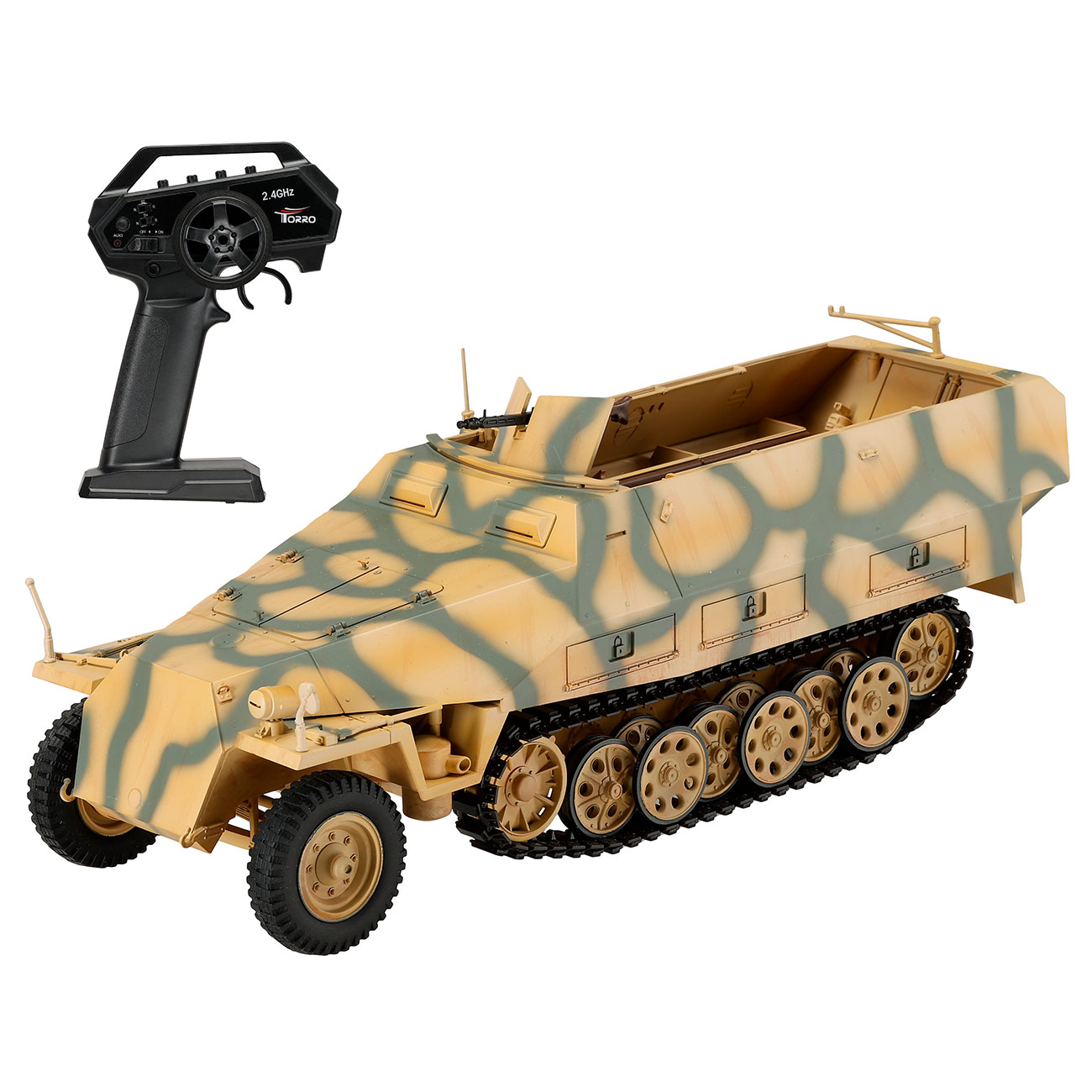Torro RC 1:16 Sd. Kfz. 251/1 Ausf. D Halbkettenfahrzeug RTR Set mit Akku, Licht und Sound tarnfarben