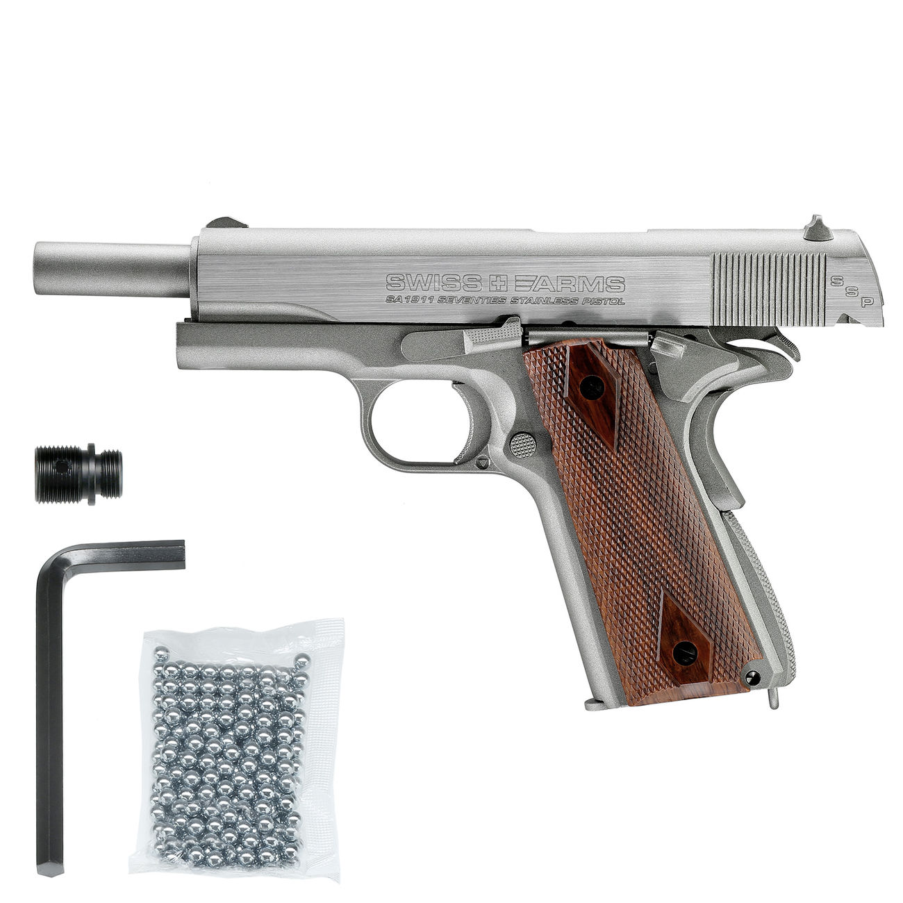 Swiss Arms SA1911 Seventies CO2 Luftpistole Vollmetall Blow Back Kal. 4,5 mmBB stainless Bild 1
