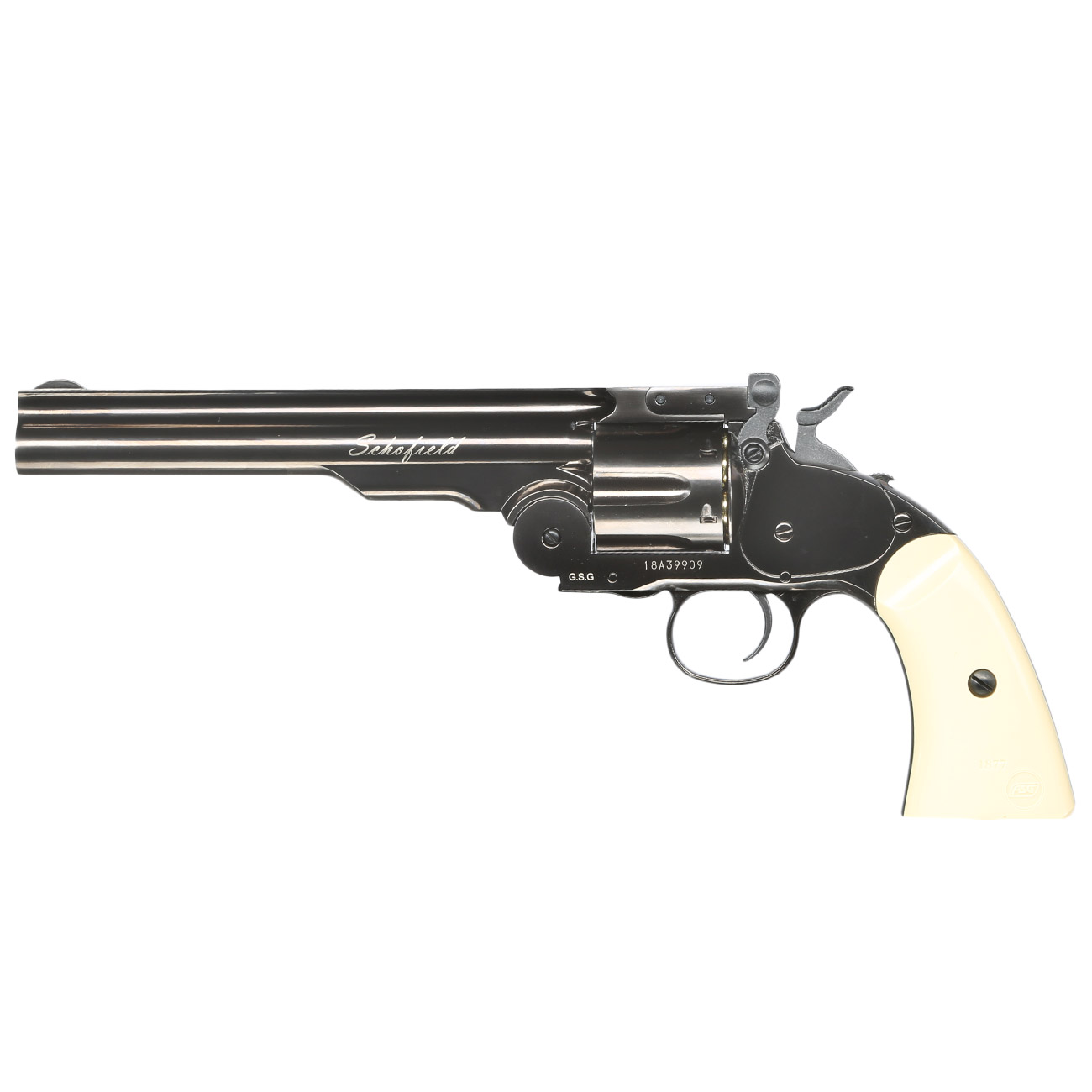 ASG Schofield 1877 6 Zoll CO2-Revolver Kal. 4,5 mm Diabolo + Stahl-BB Vollmetall stahlgrau