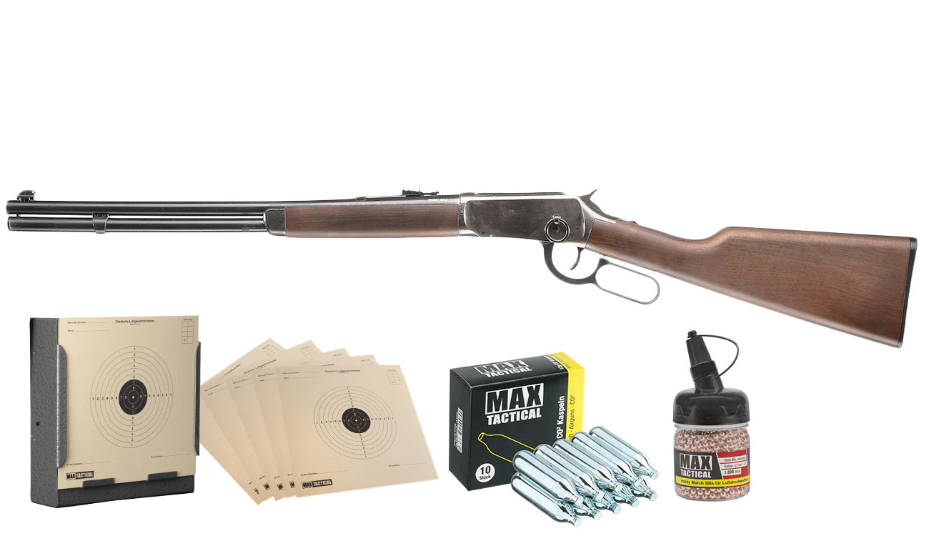Legends Cowboy Rifle Luftgewehr Kal. 4,5 mm BB + Stahl-BBs + Kugelkasten + Schiescheiben + CO2 Kapseln