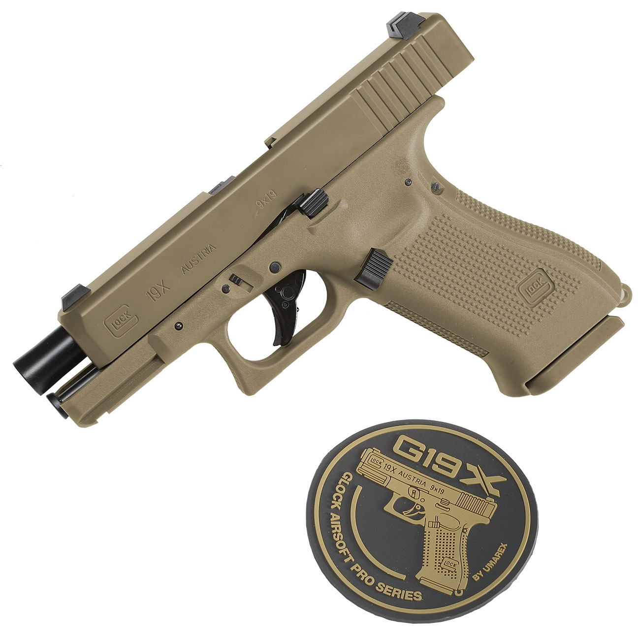Glock 19X CO2Luftpistole Kal. 4,5mm StahlBB coyote tan Blowback