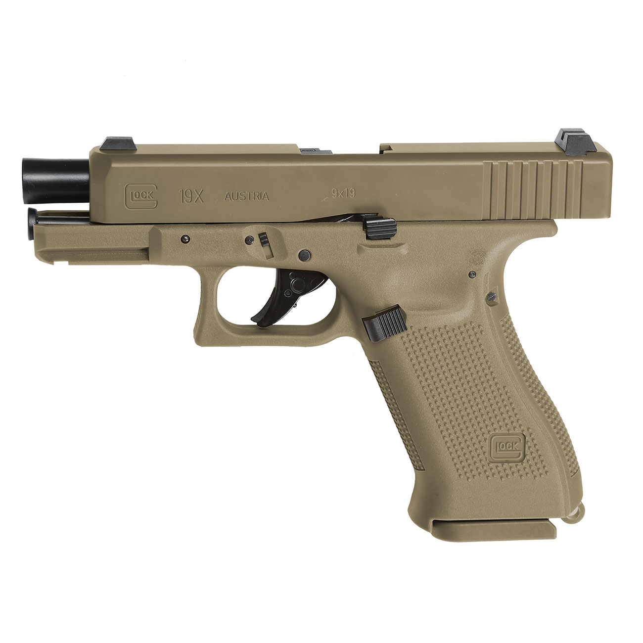 Glock 19X CO2-Luftpistole Kal. 4,5mm Stahl-BB coyote tan Blowback Bild 9