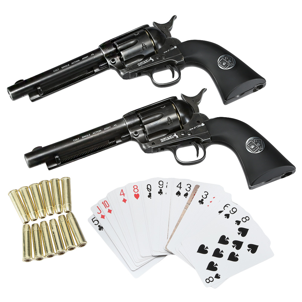 Colt SAA 45 Double Aces Duel Set CO2 Revolver 4,5mm BB Antik-Finish inkl. Pokerkarten und Ladehülsen limitiert