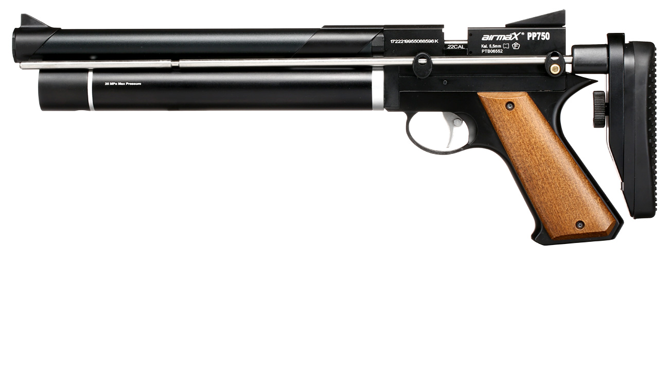 airmaX PP750 Pressluftpistole PCP Kal. 5,5 mm Diabolo schwarz inkl. Schultersttze und 7-Schuss Magazin