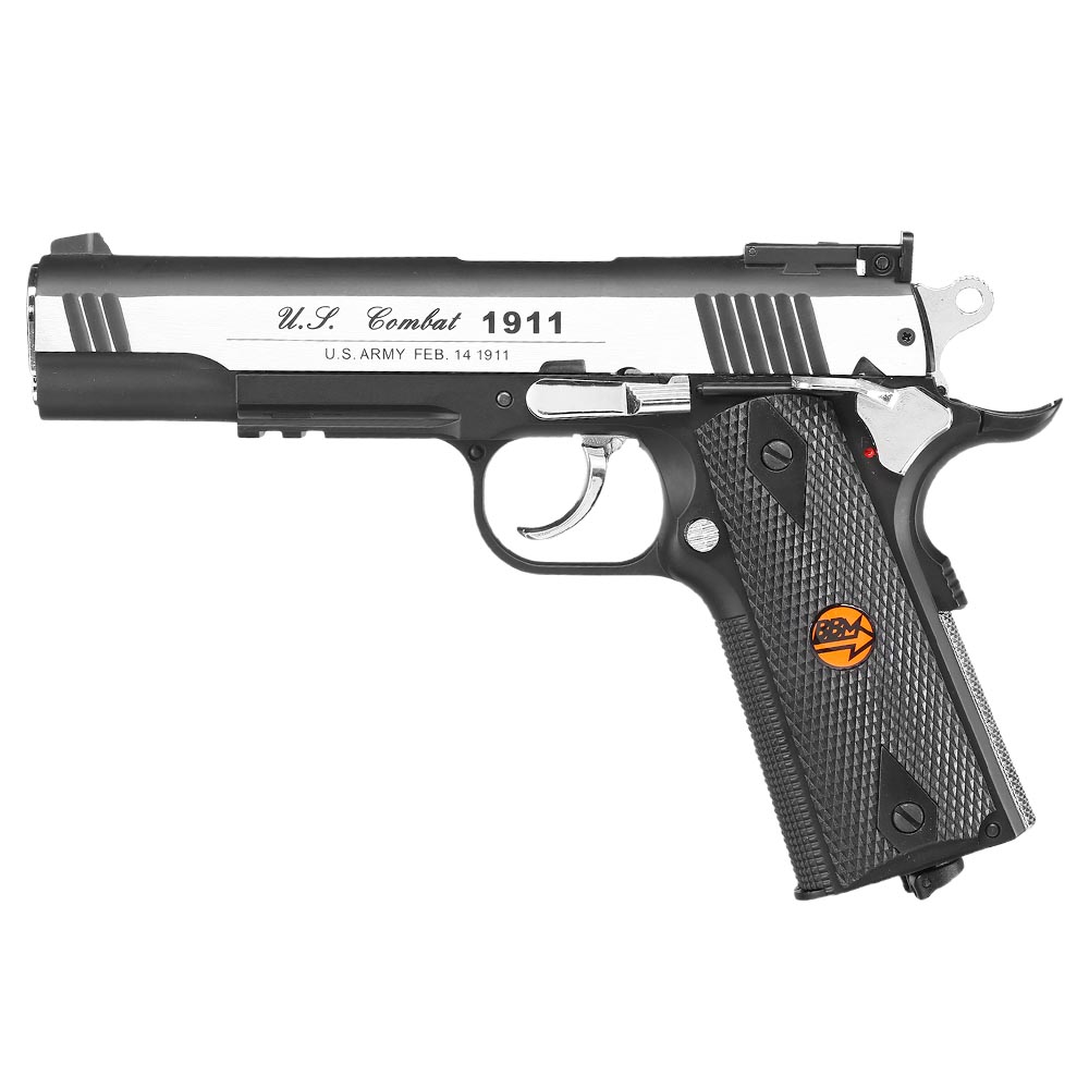 Bruni Guns US Combat M1911 CO2-Luftpistole Kal. 4,5mm Stahl-BB Blowback Vollmetall silber / schwarz