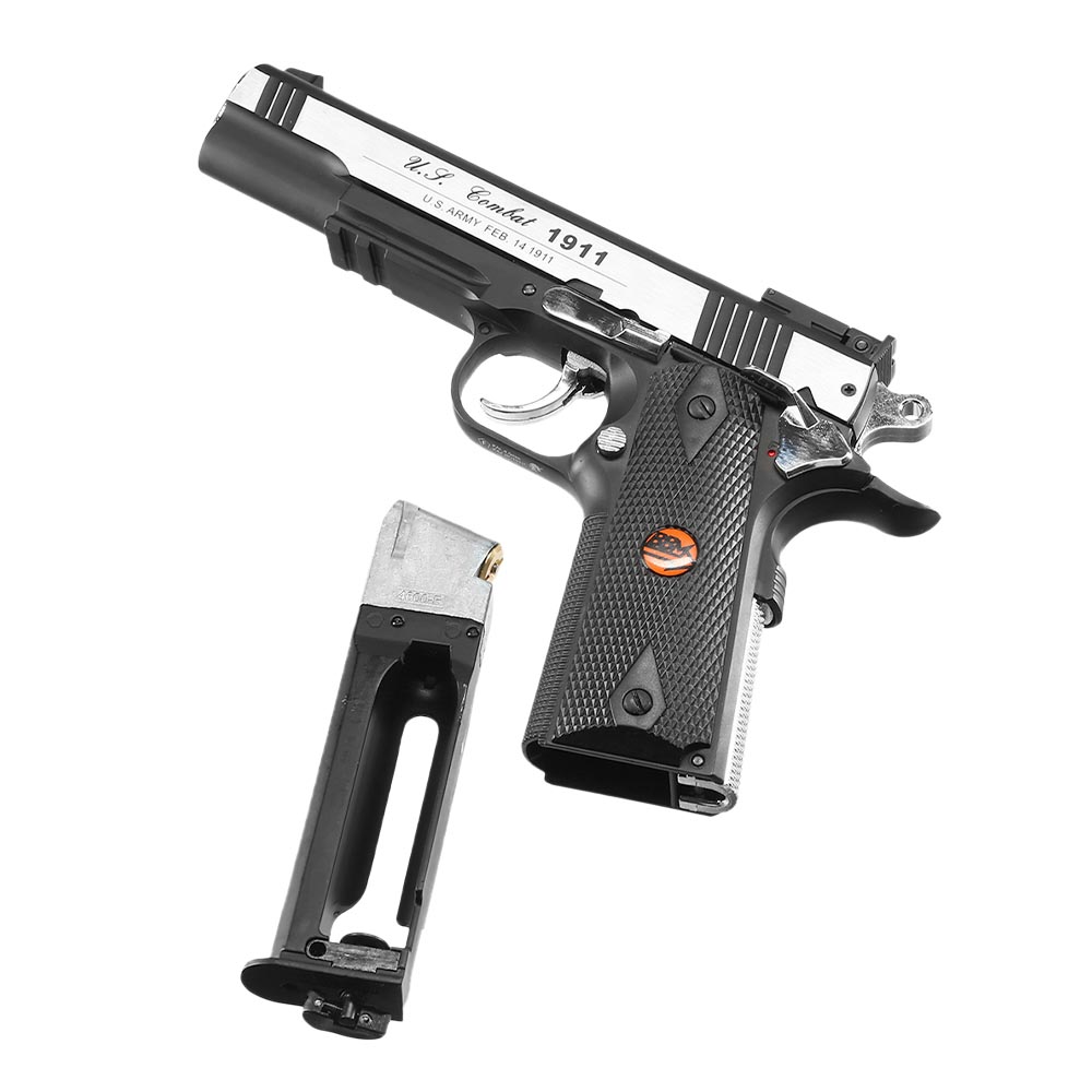 Bruni Guns US Combat M1911 CO2 Luftpistole Kal. 4,5mm BB Non Blowback Vollmetall silber/schwarz Bild 4
