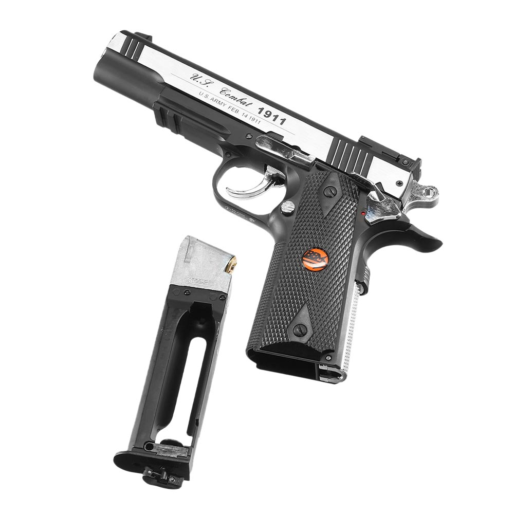 Bruni Guns US Combat M1911 CO2-Luftpistole Kal. 4,5mm Stahl-BB Blowback Vollmetall silber / schwarz Bild 4