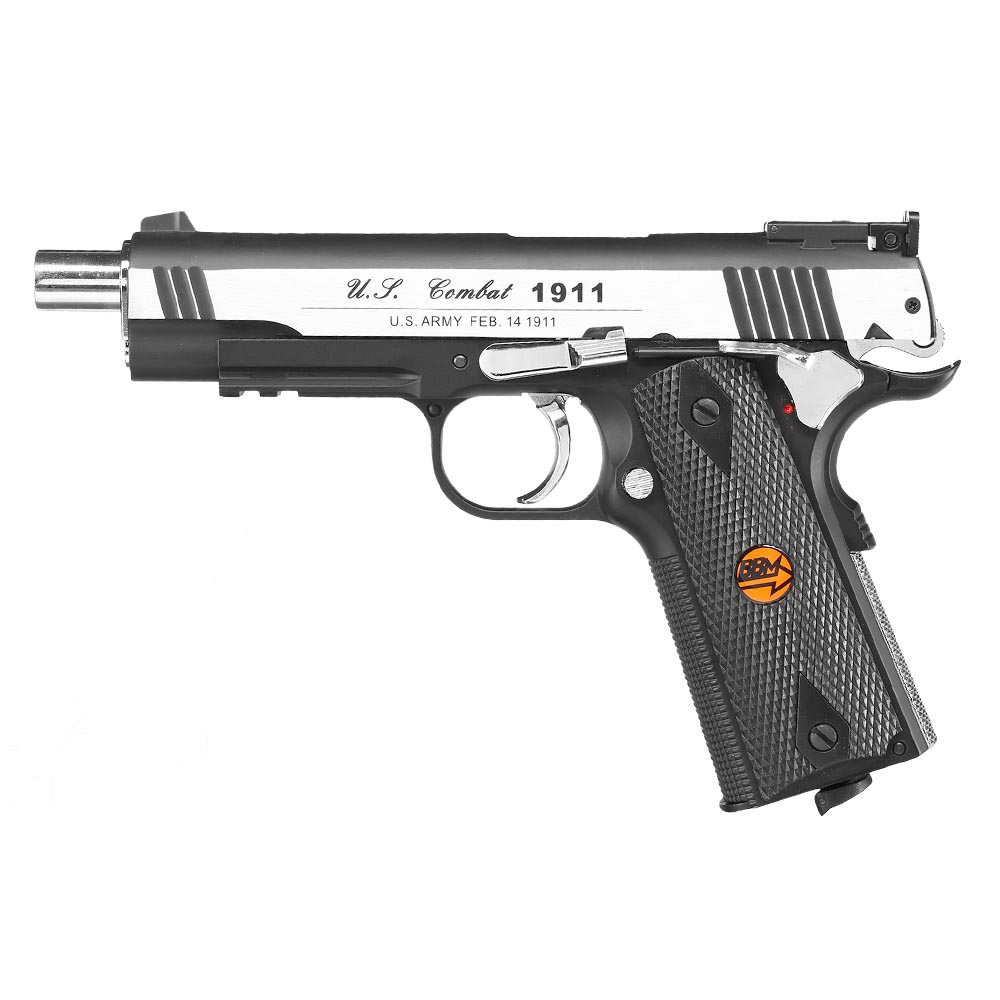 Bruni Guns US Combat M1911 CO2 Luftpistole Kal. 4,5mm BB Non Blowback Vollmetall silber/schwarz Bild 6