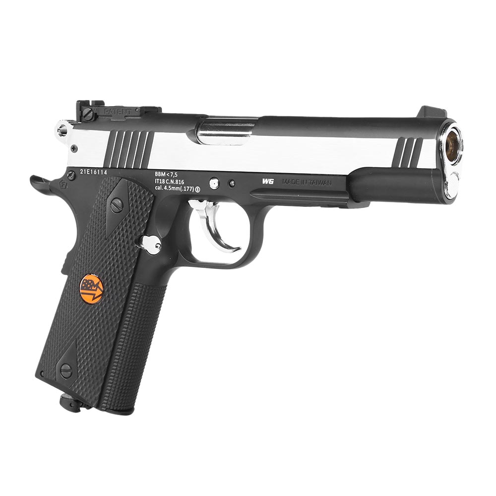 Bruni Guns US Combat M1911 CO2 Luftpistole Kal. 4,5mm BB Non Blowback Vollmetall silber/schwarz Bild 7