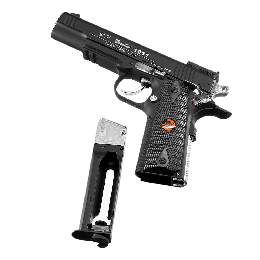 Bruni Guns US Combat M1911 CO2-Luftpistole Kal. 4,5mm Stahl-BB Non-Blowback mit Metallschlitten schwarz Bild 4