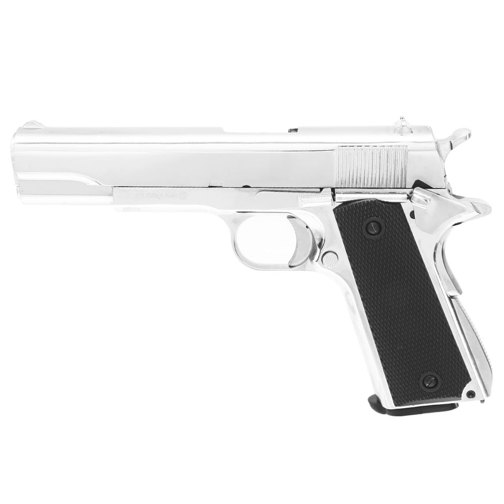 KLI M1911-A1 CO2-Luftpistole Kal. 4,5 mm Stahl-BB Vollmetall Blowback Platinum Chrome-Finish