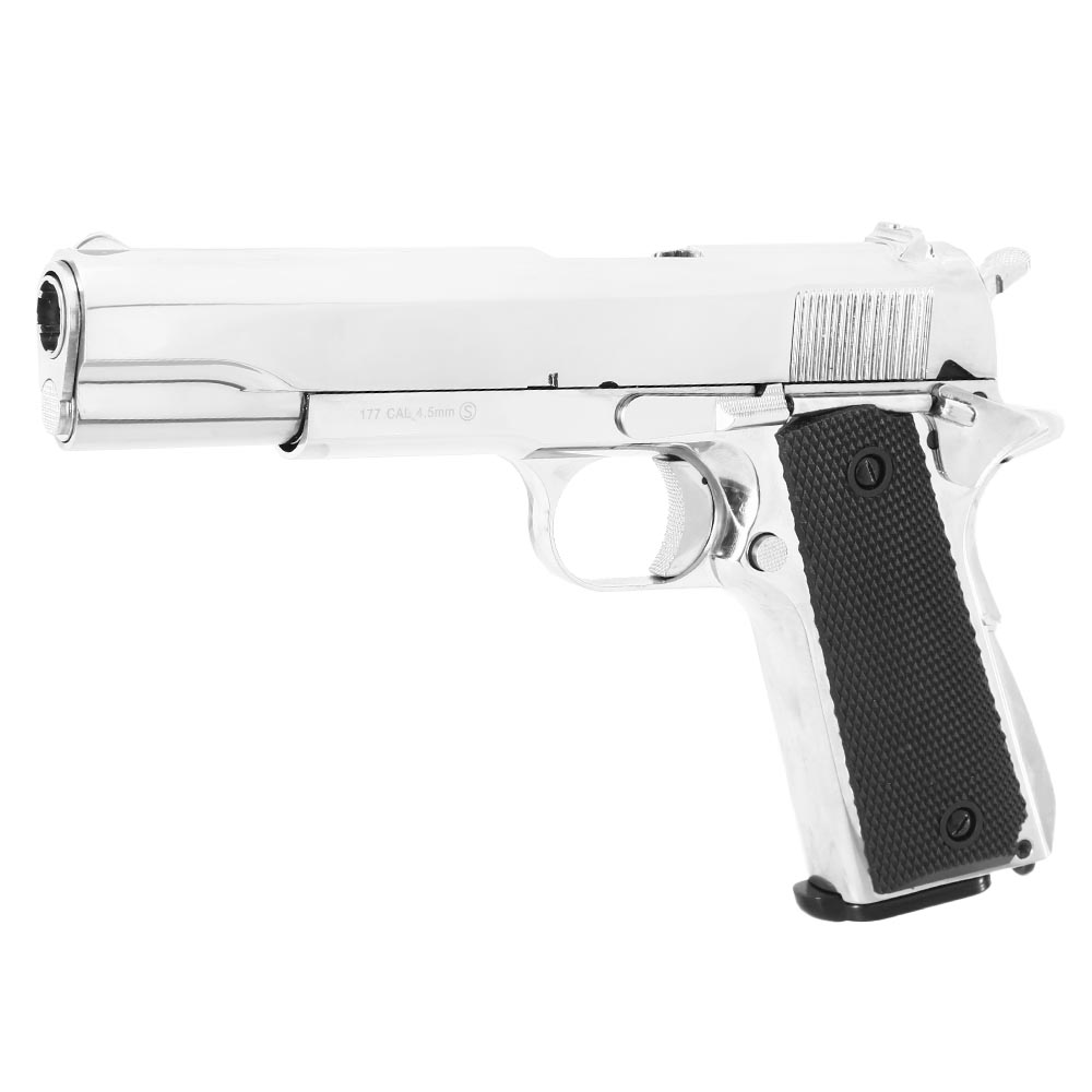 KLI M1911-A1 CO2-Luftpistole Kal. 4,5 mm Stahl-BB Vollmetall Blowback Platinum Chrome-Finish Bild 1