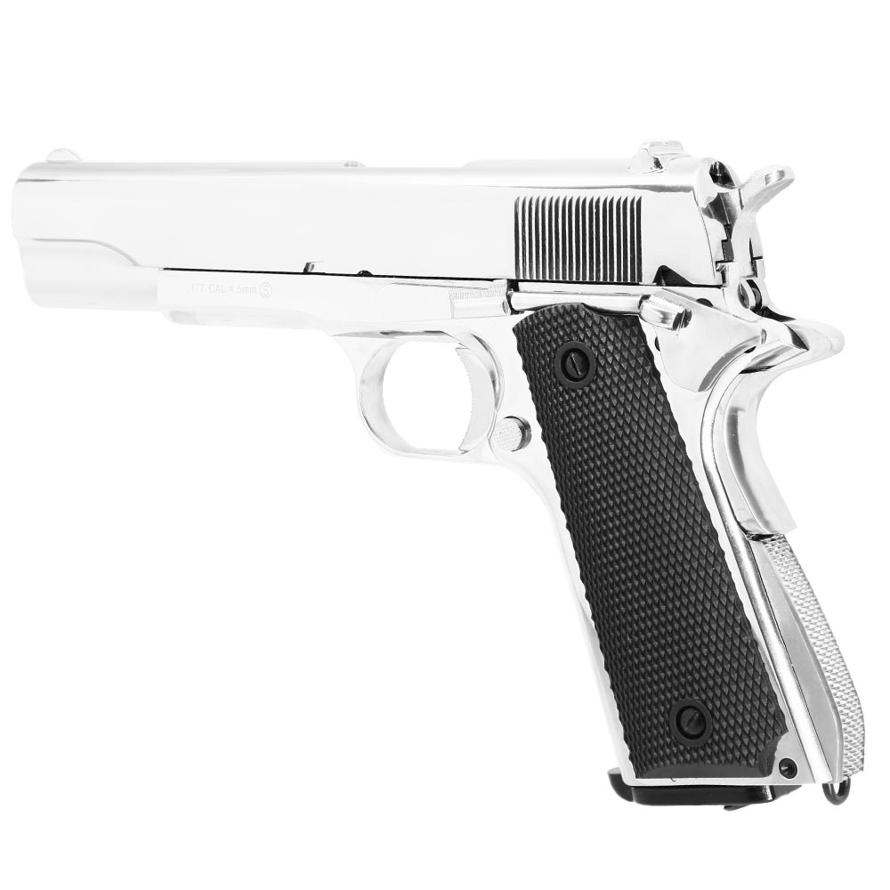 KLI M1911-A1 CO2 Luftpistole Kal. 4,5 mm BB Vollmetall Blowback Platinum Chrome-Finish Bild 2