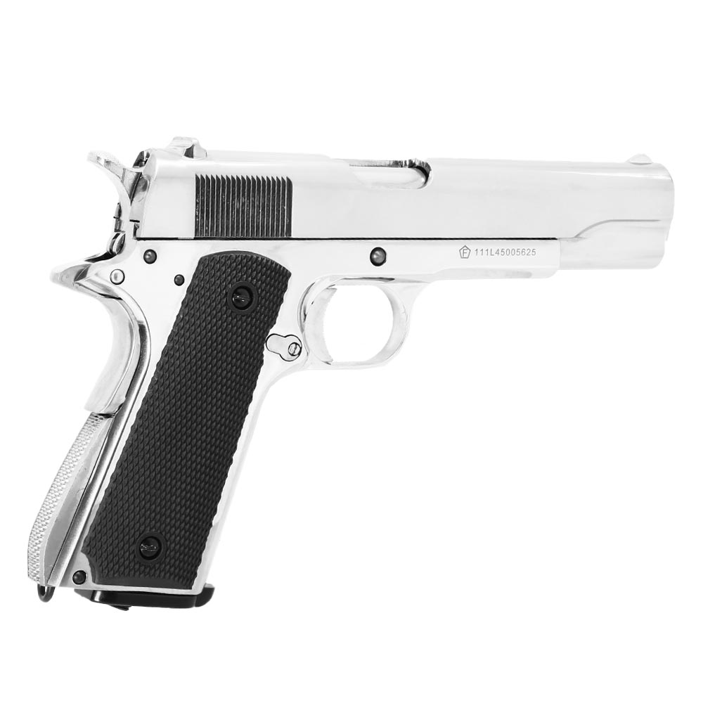 KLI M1911-A1 CO2-Luftpistole Kal. 4,5 mm Stahl-BB Vollmetall Blowback Platinum Chrome-Finish Bild 7