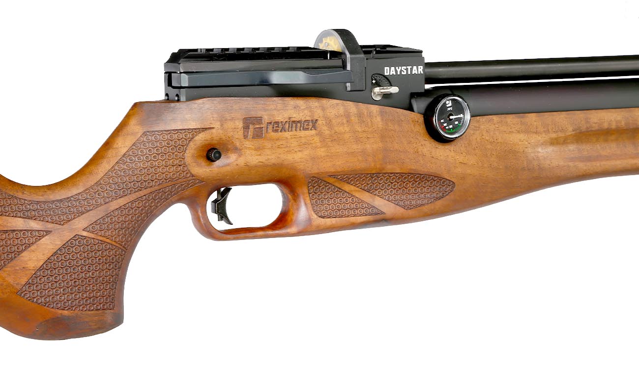 Reximex Daystar Pressluftgewehr 4,5mm Diabolo mit Holzschaft inkl. 2 x 14-Schuss Magazin, One-Shot-Tray und Quick Fill Adapter Bild 6