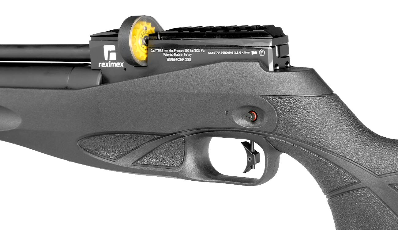 Reximex Daystar Pressluftgewehr 4,5mm Diabolo schwarz inkl. 2 x 14-Schuss Magazin, One-Shot-Tray und Quick Fill Adapter Bild 9