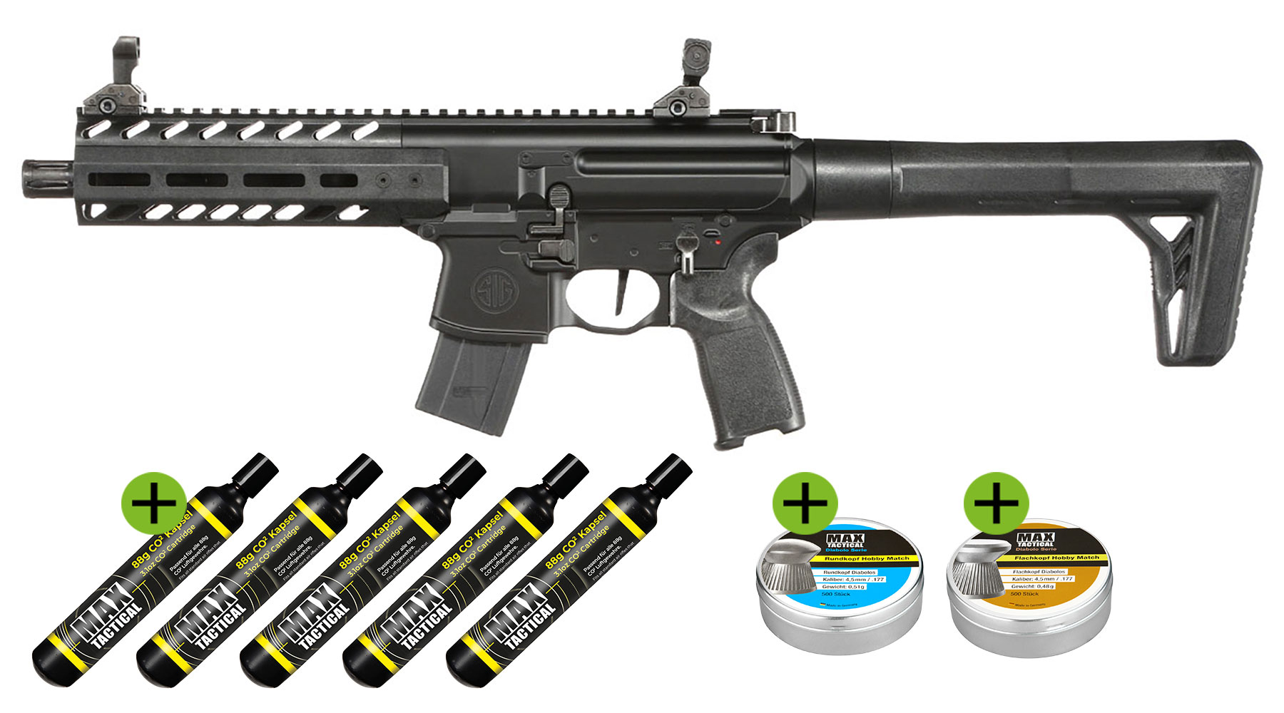 Sig Sauer MPX CO2 Gen.2 Luftgewehr Set 4,5 mm mit 5 x 88 g CO2 Kapseln, 1000 Max Tactical Diabolos Kal. 4,5mm