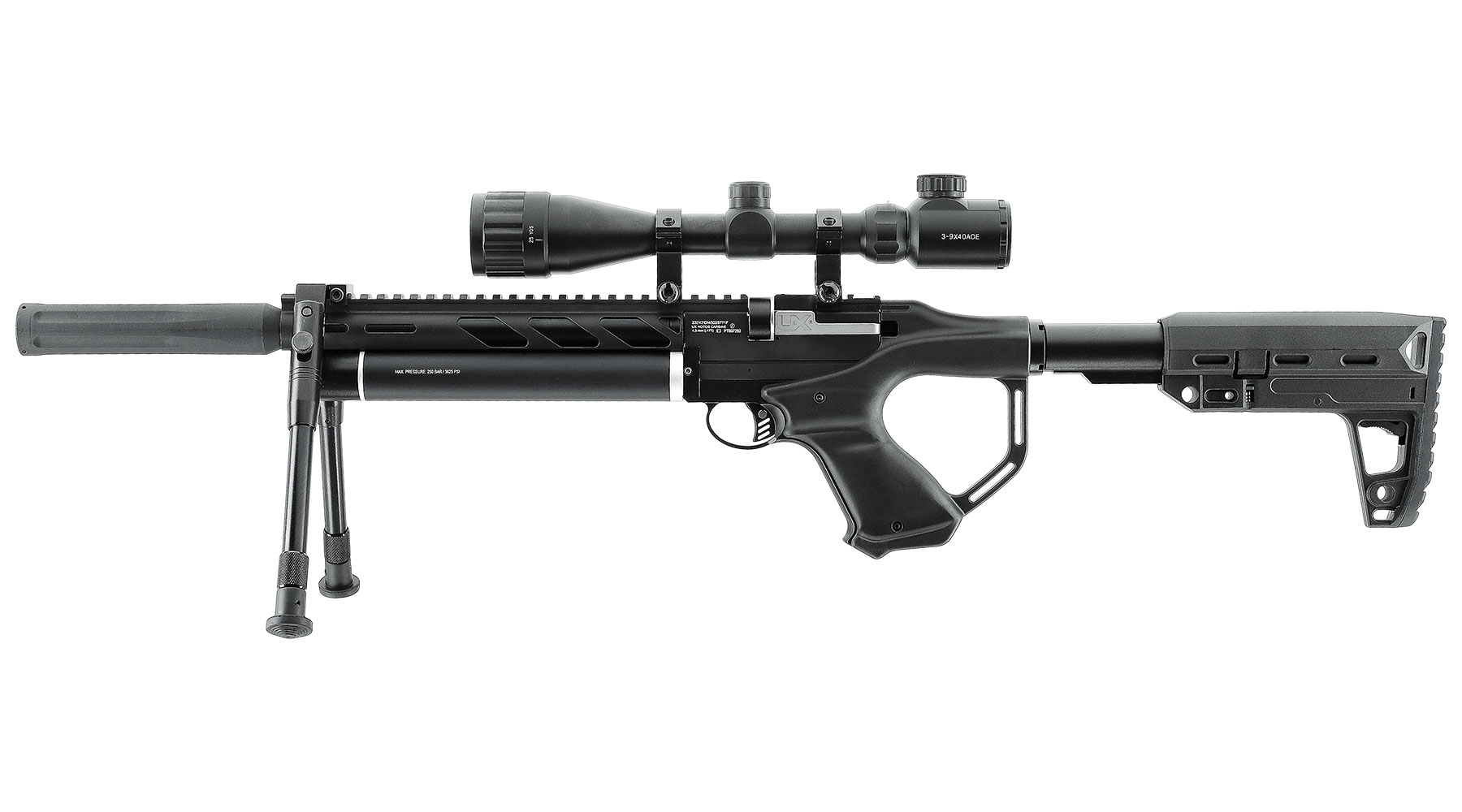 UX Notos Pressluftgewehr PCP Kal. 4,5mm Diabolo 9-schssig schwarz inkl. 9-Schuss Magazin, Zielfernrohr 3-9x40 & Zweibein