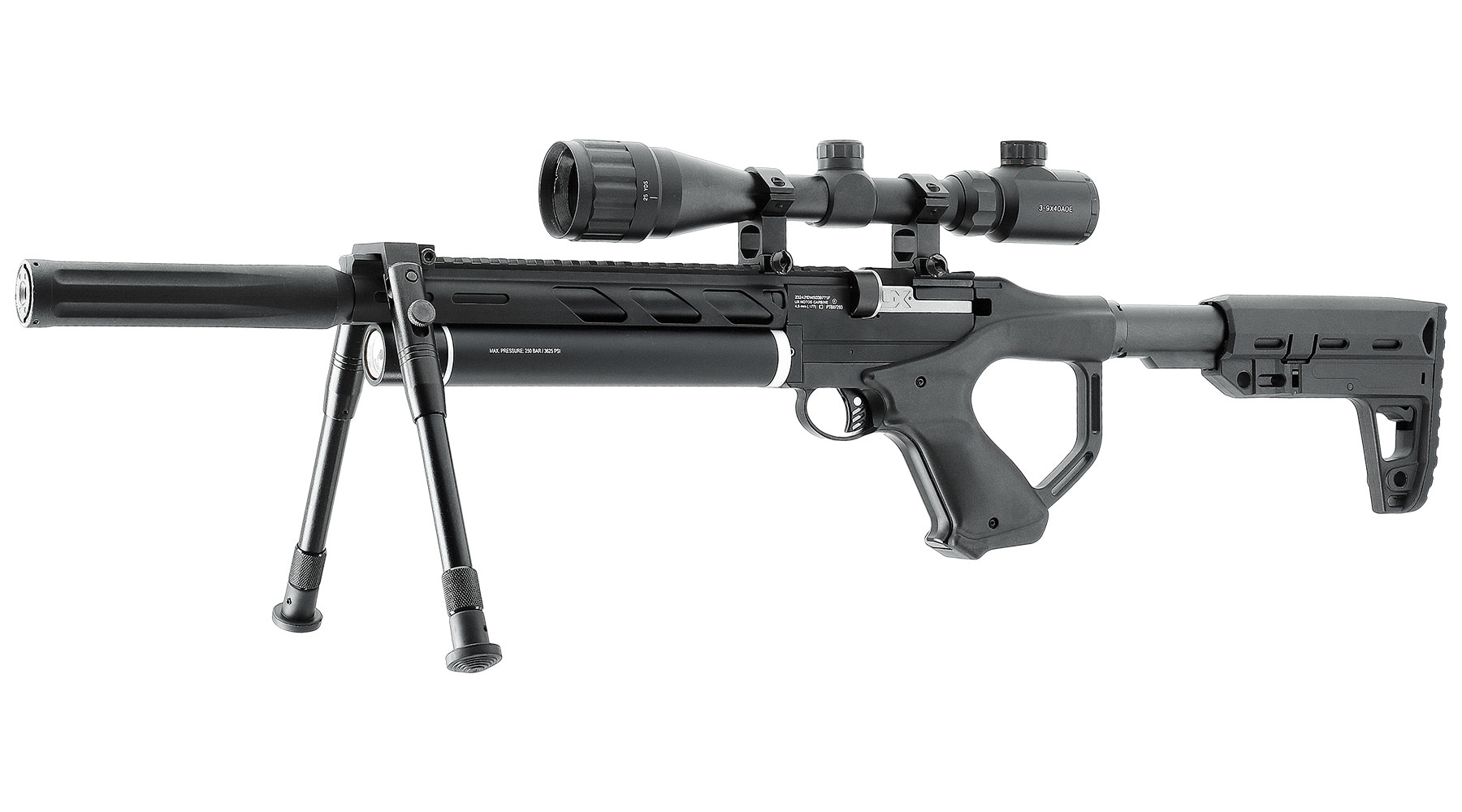 UX Notos Pressluftgewehr PCP Kal. 4,5mm Diabolo 9-schssig schwarz inkl. 9-Schuss Magazin, Zielfernrohr 3-9x40 & Zweibein Bild 1