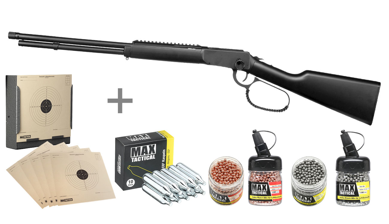 SET CO2-Luftgewehr Legends Renegade 4,5 mm BB - Cowboy Rifle im Set mit Ladehlsen, CO2-Kapsel, BBs & Kugelfangkasten
