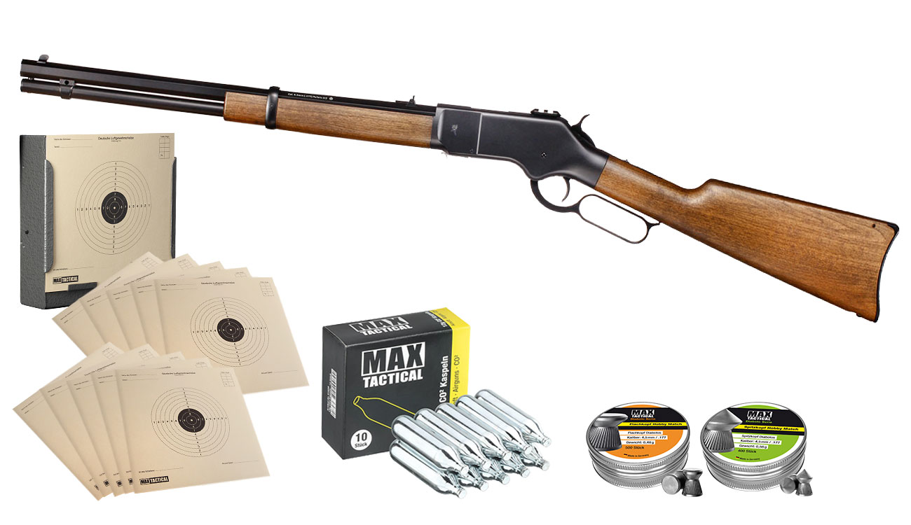 BARRA 1866 CO2 Unterhebel Luftgewehr Set 4,5mm mit Hlsenauswurf, 2 Dosen Diabolos, Kugelfangkasten, Zielscheiben