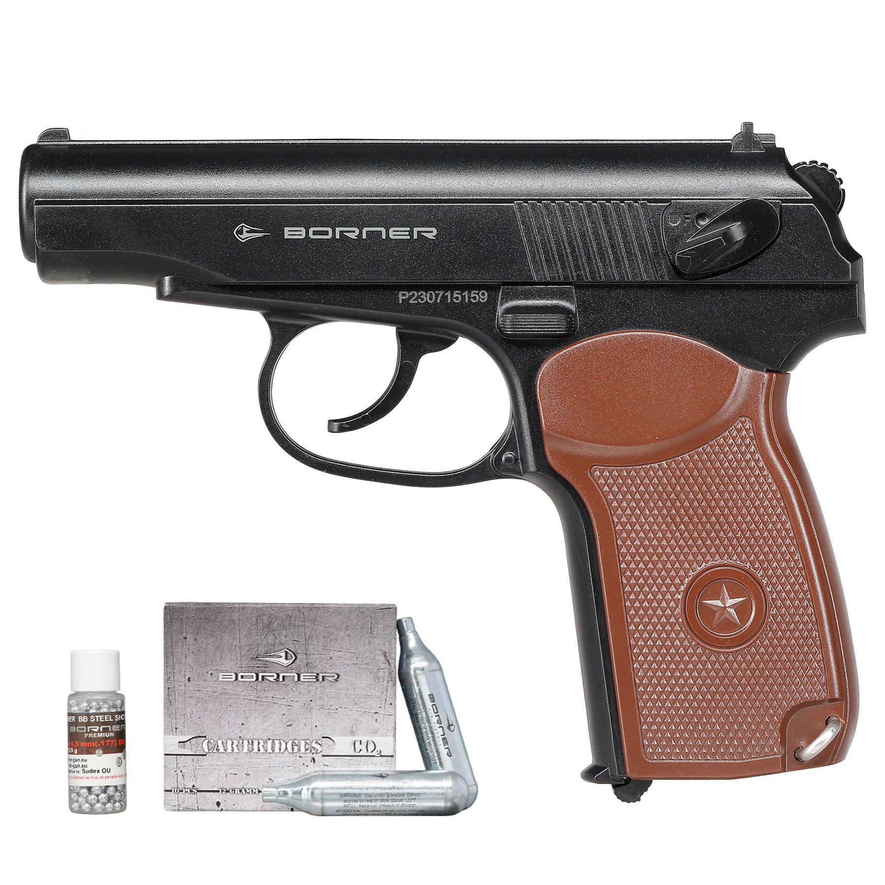 Borner PM No1 CO2 Luftpistole Kal. 4,5mm BB schwarz/braun inkl. CO2-Kapseln & Stahl-BB�s
