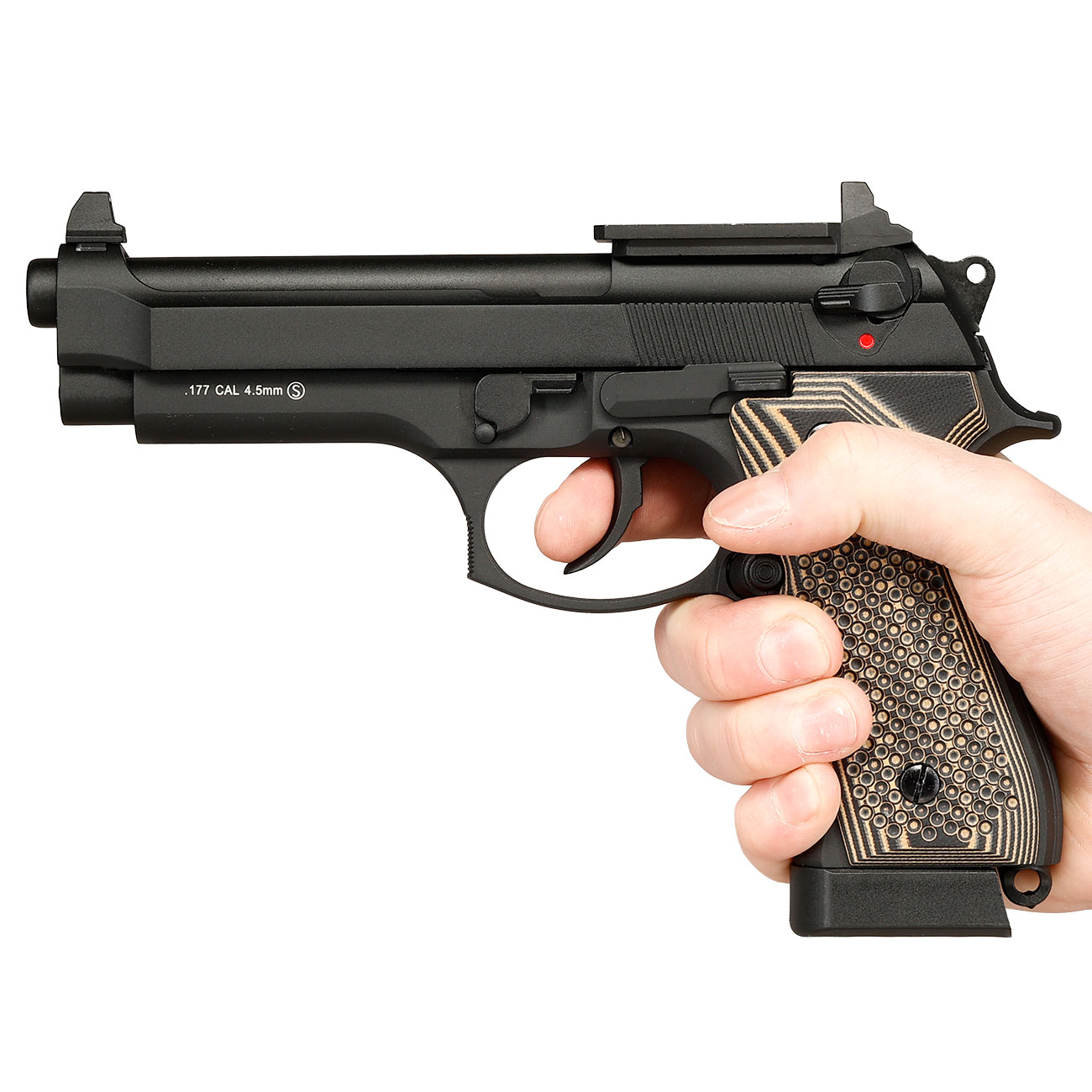 KLI M92 Optic Ready CO2 Luftpistole Kal. 4,5 mm BB Vollmetall Blowback schwarz - G10 Grip Edition Bild 11