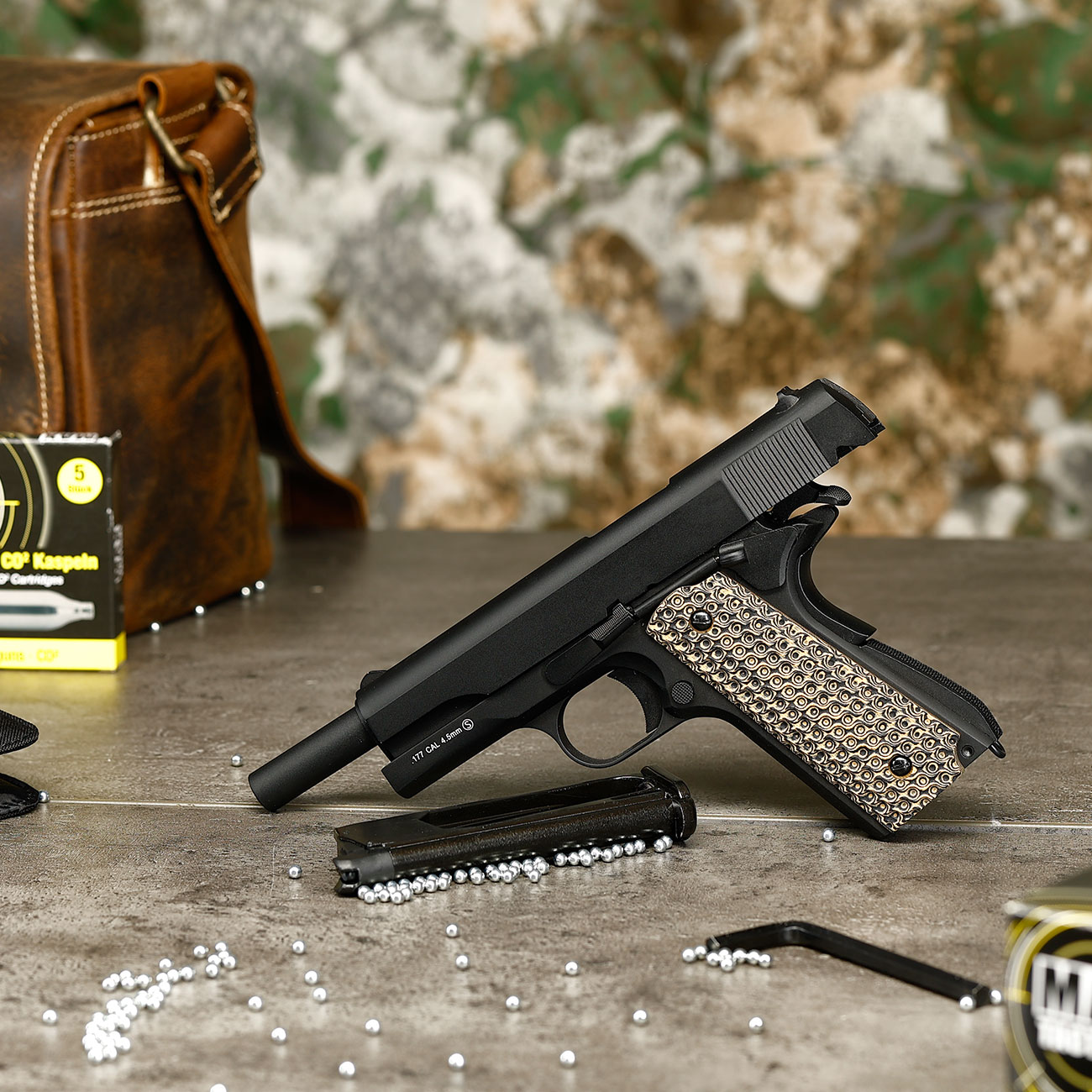 KLI M1911-A1 CO2 Luftpistole Kal. 4,5 mm BB Blowback Vollmetall schwarz - G10 Grip Edition Bild 1