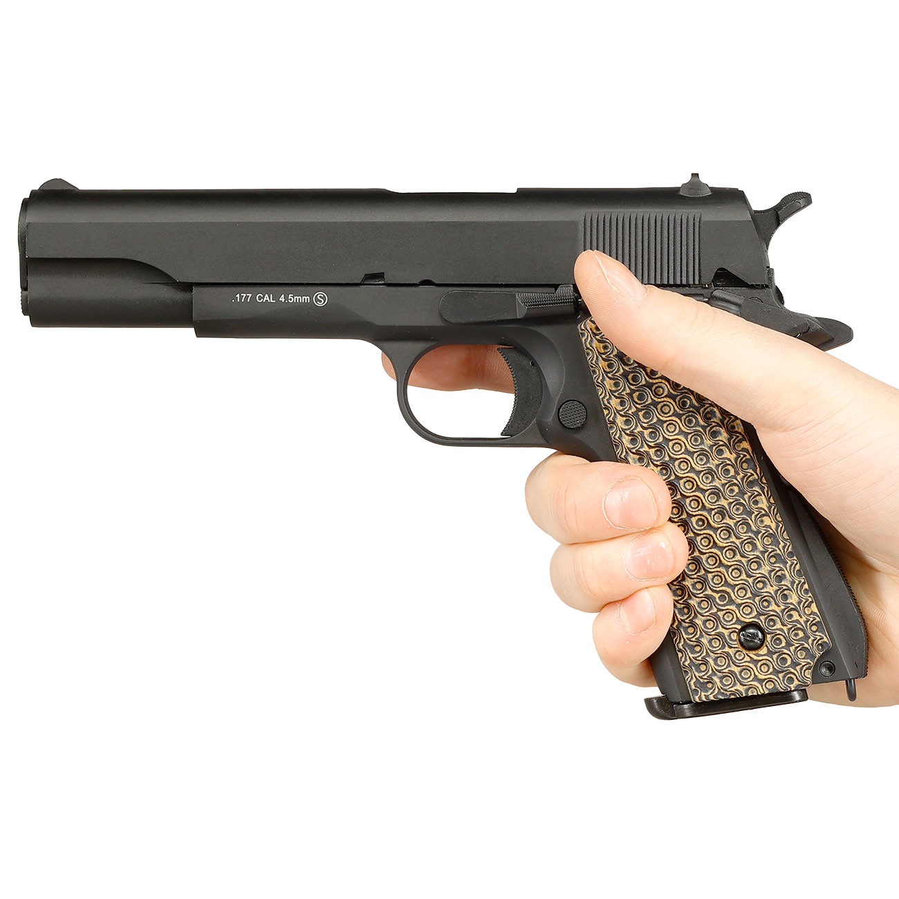 KLI M1911-A1 CO2 Luftpistole Kal. 4,5 mm BB Blowback Vollmetall schwarz - G10 Grip Edition Bild 3
