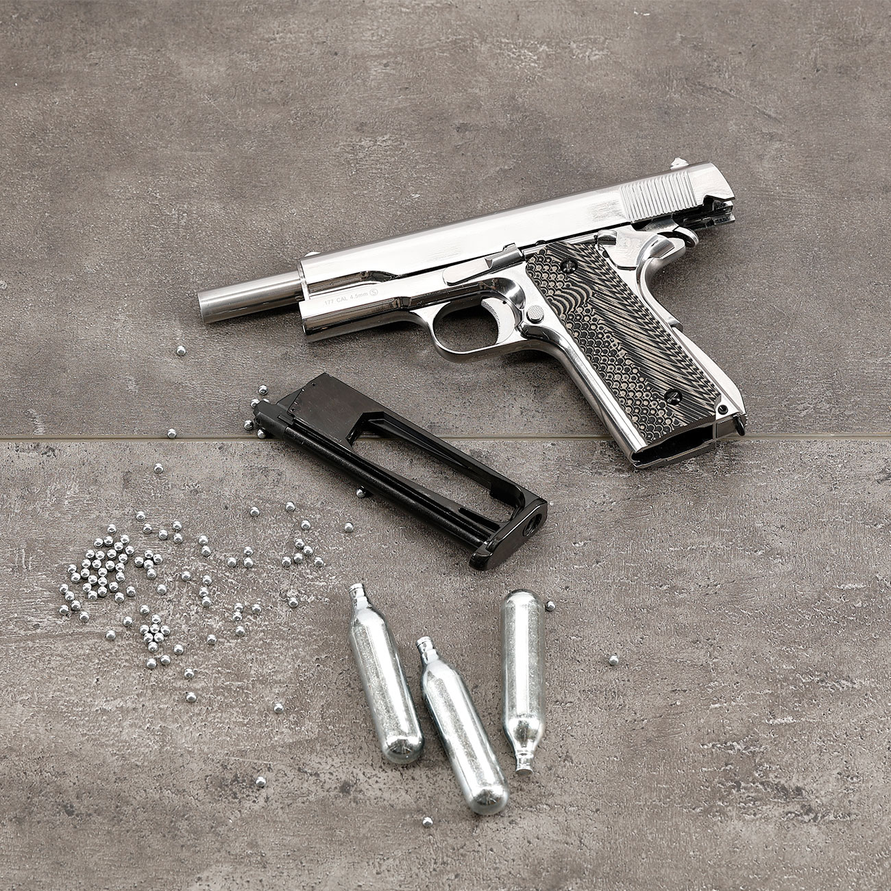 KLI M1911-A1 CO2 Luftpistole Kal. 4,5 mm BB Blowback Vollmetall Platinum Chrome-Finish - G10 Grip Edition Bild 1