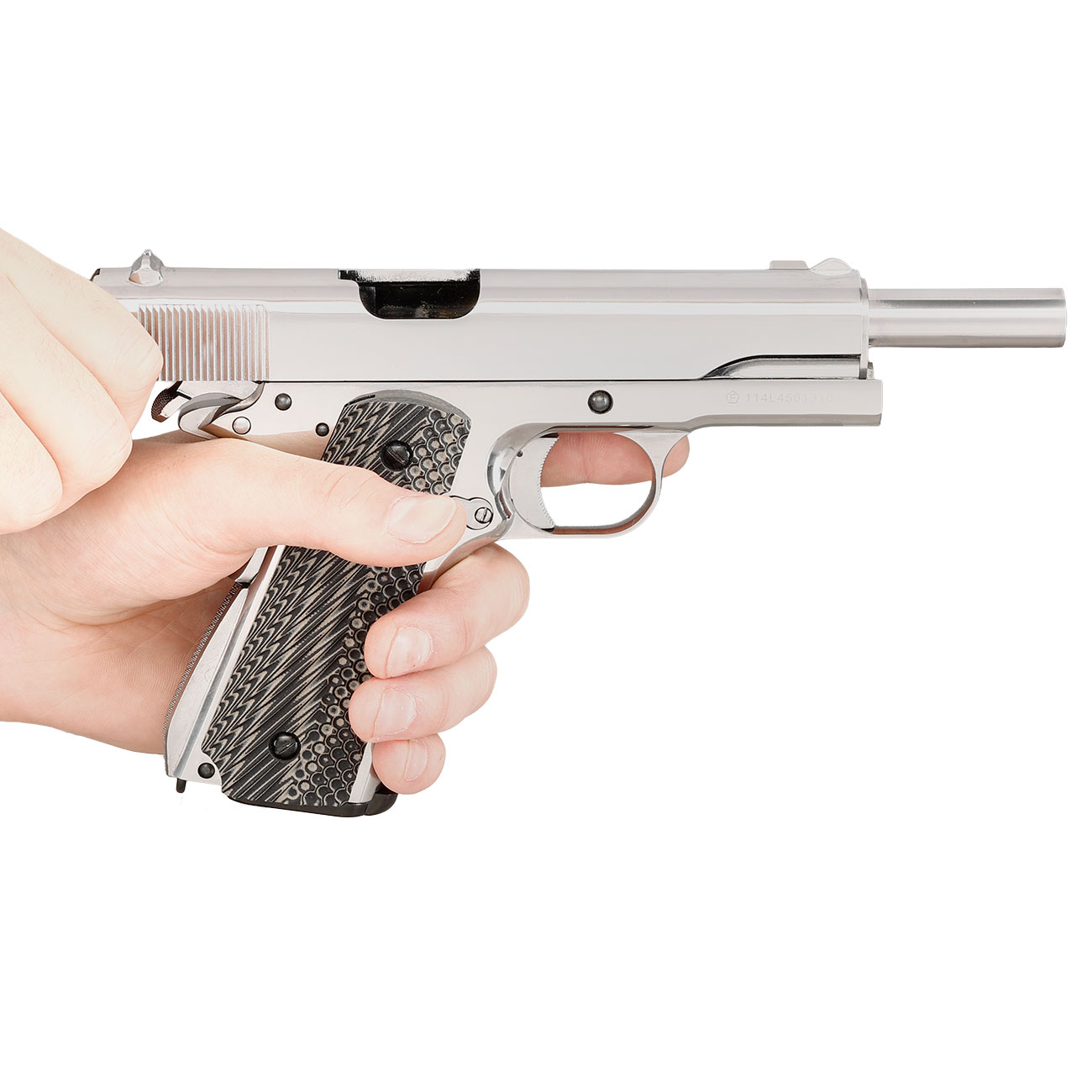 KLI M1911-A1 CO2 Luftpistole Kal. 4,5 mm BB Blowback Vollmetall Platinum Chrome-Finish - G10 Grip Edition Bild 11