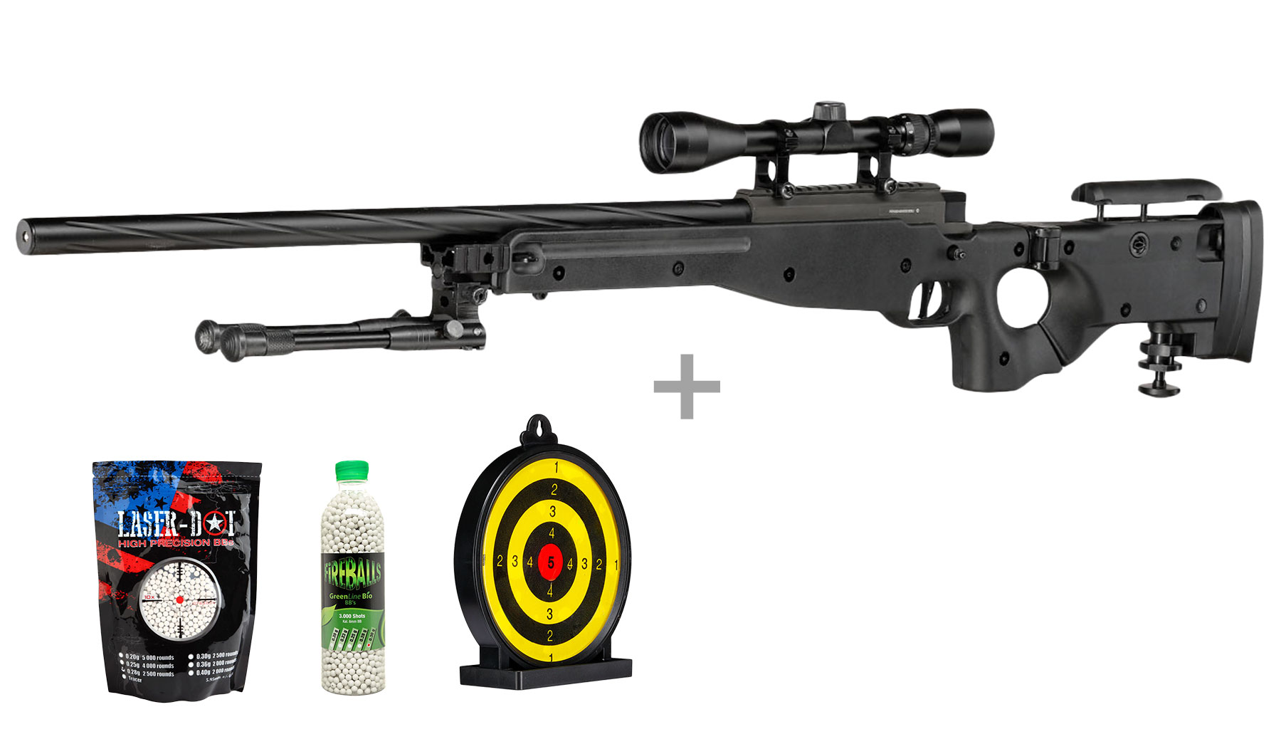 Well L96 AWS-338 Springer Snipergewehr mit Zweibein / Zielfernrohr Kugeln 6mm BB und Zielscheibe