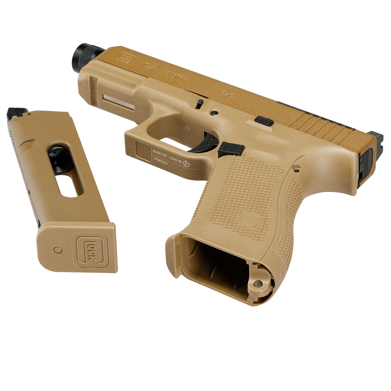 Glock 19X MOS CO2 Luftpistole Kal. 4,5mm BB Metallschlitten Blowback coyote inkl. Adapterplatten Bild 7