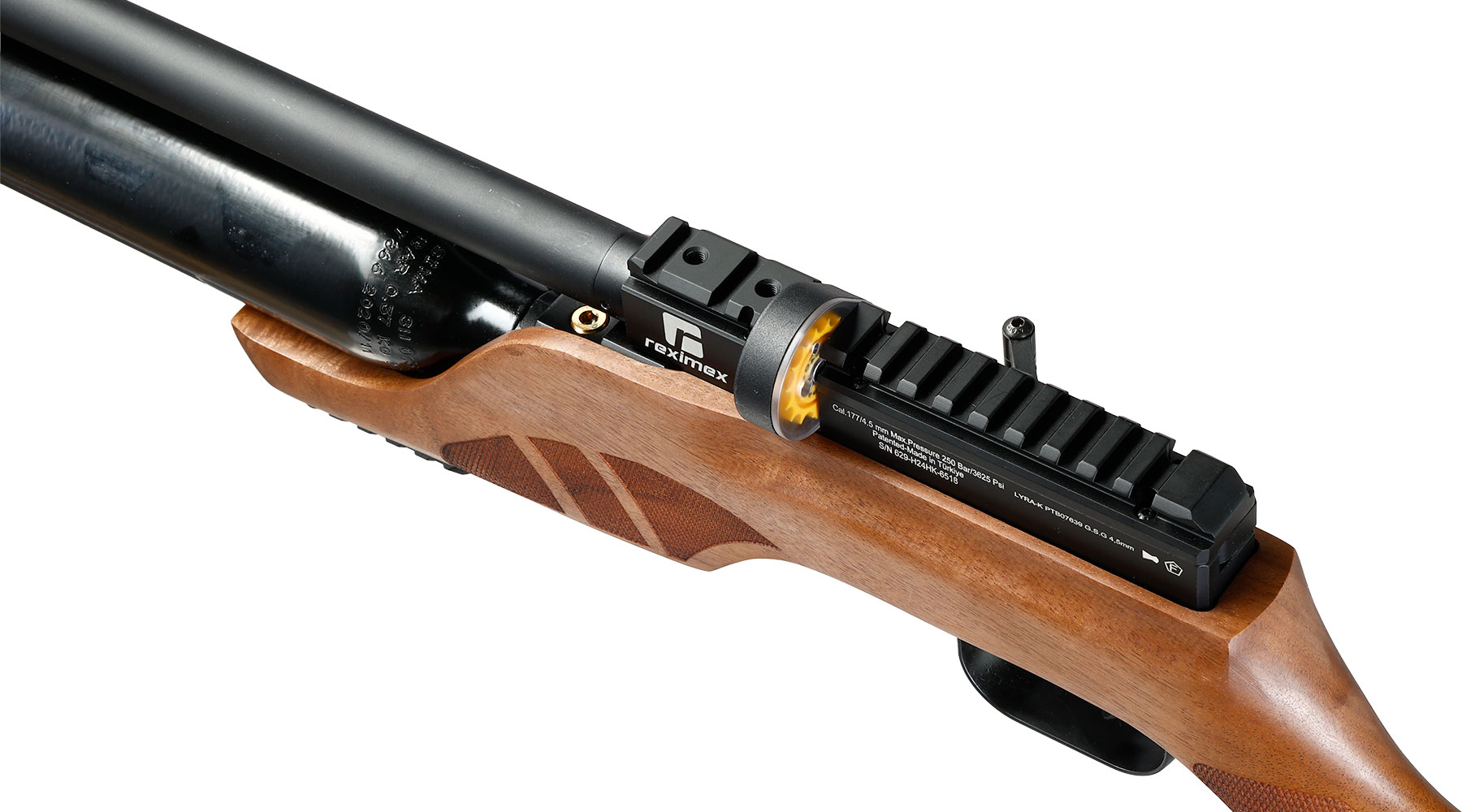 Reximex Lyra-K Pressluftgewehr PCP Kal. 4,5 mm Diabolo Walnussholz inkl. 2 x 14-Schuss Magazin & Einzelschussadapter Bild 3