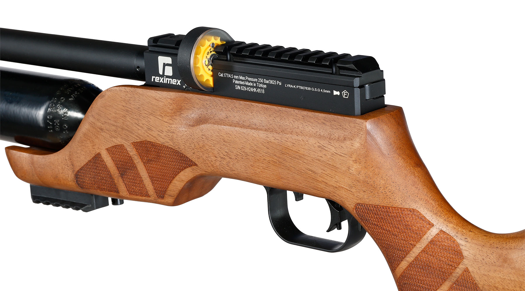 Reximex Lyra-K Pressluftgewehr PCP Kal. 4,5 mm Diabolo Walnussholz inkl. 2 x 14-Schuss Magazin & Einzelschussadapter Bild 6