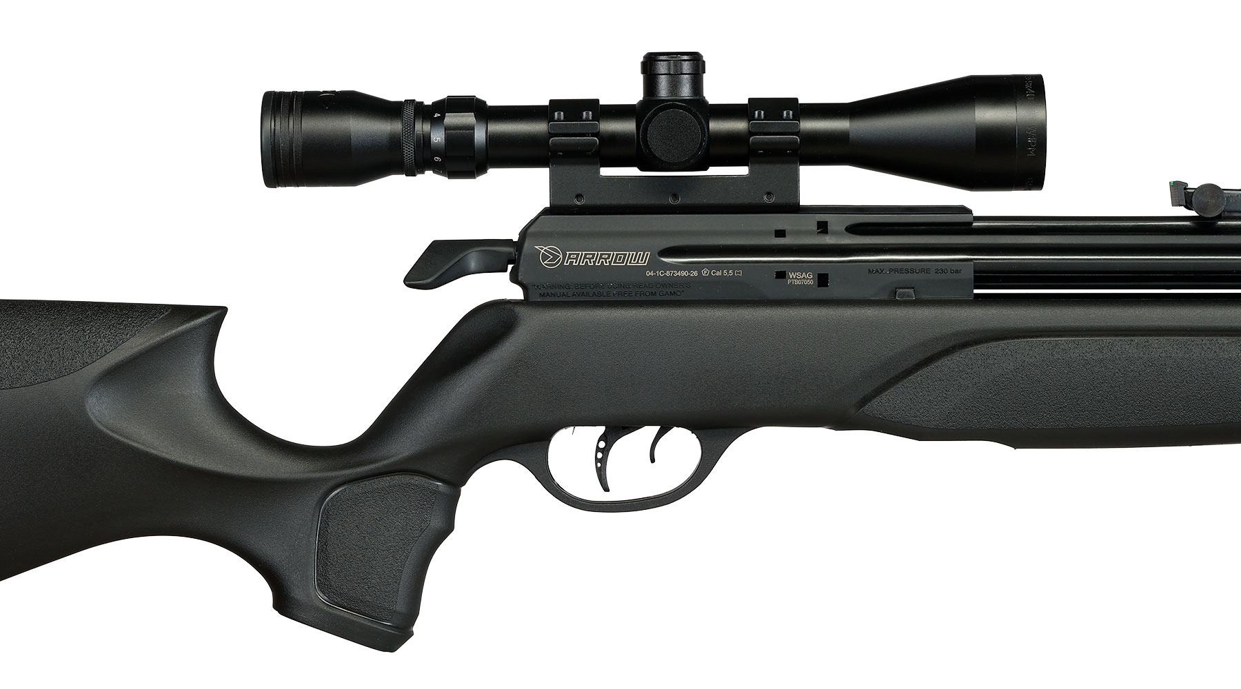 Gamo Arrow Pressluftgewehr PCP Kal. 5,5mm Diabolo 10-sch�ssig schwarz inkl. Zielfernrohr WR 3-9x40 / Zweibein Bild 9