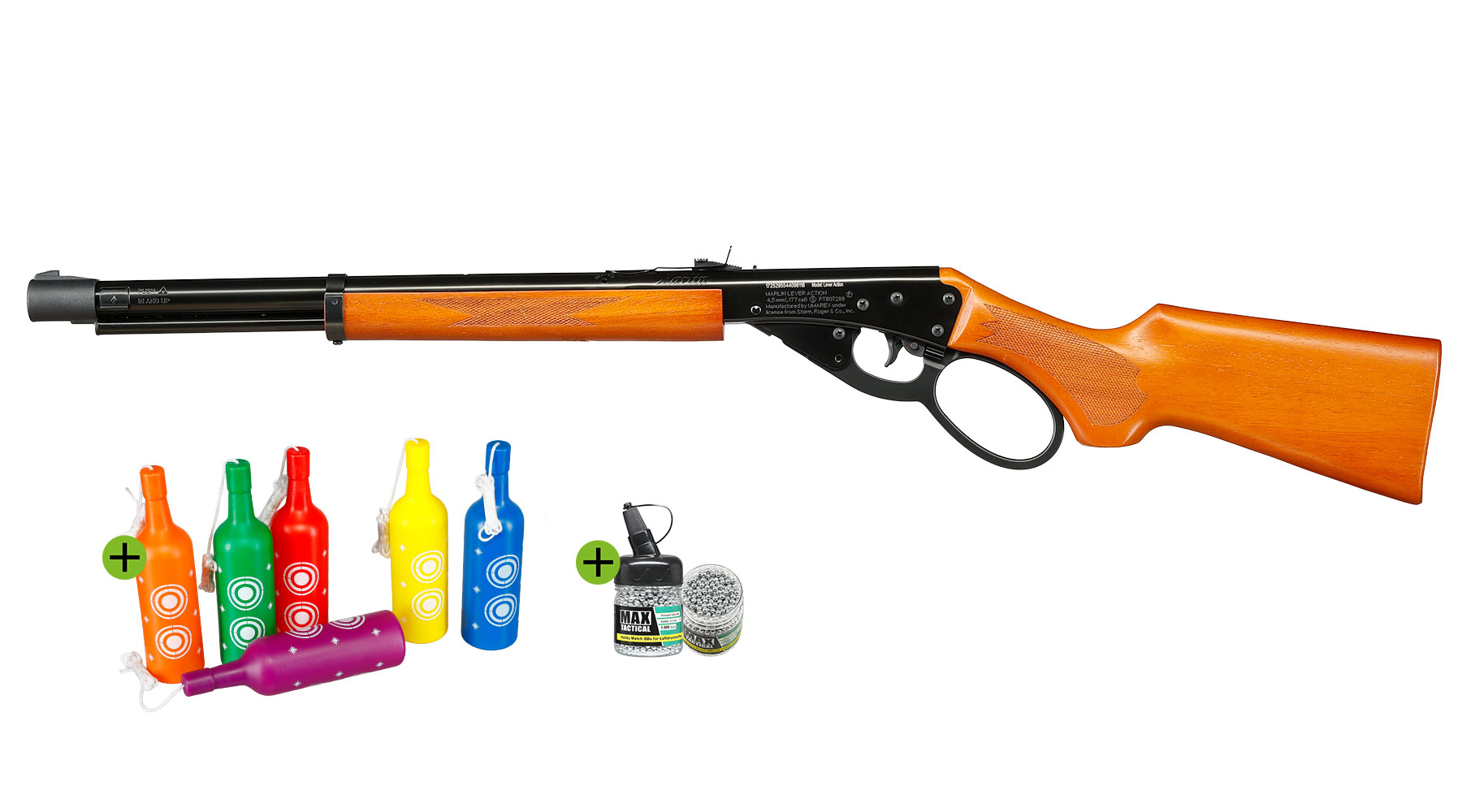 Marlin Lever Action Unterhebelspanner Luftgewehr Set Kal. 4,5 mm BB Echtholzschaft 1500&nbsp;Stahlkugeln und 6 Shooting Bottles