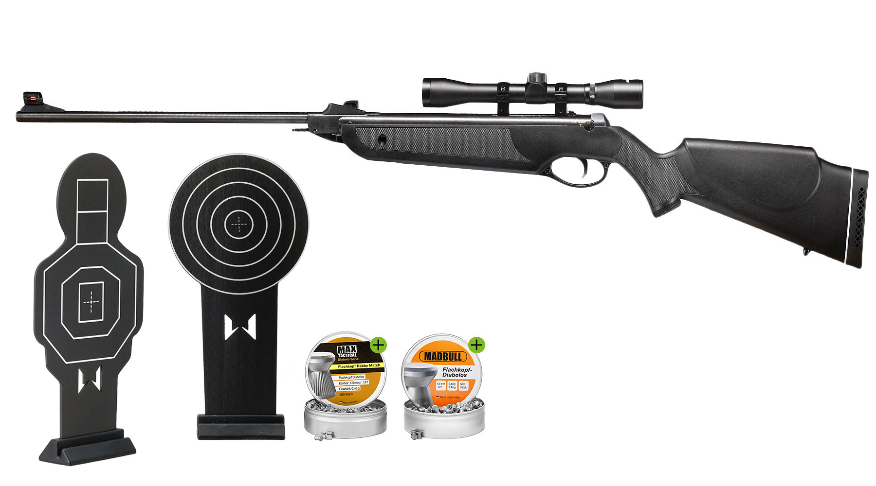 SET H�mmerli Black Force 400 Luftgewehr 4,5 mm Diabolo mit Zielfernrohr 4x32, 1000 Diabolos & 2 �bungszielen