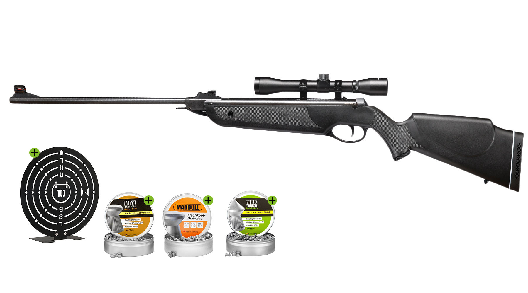 SET H�mmerli Black Force 400 Luftgewehr 4,5 mm Diabolo mit Zielfernrohr 4x32, Circular Training Target & 1400 Diabolos