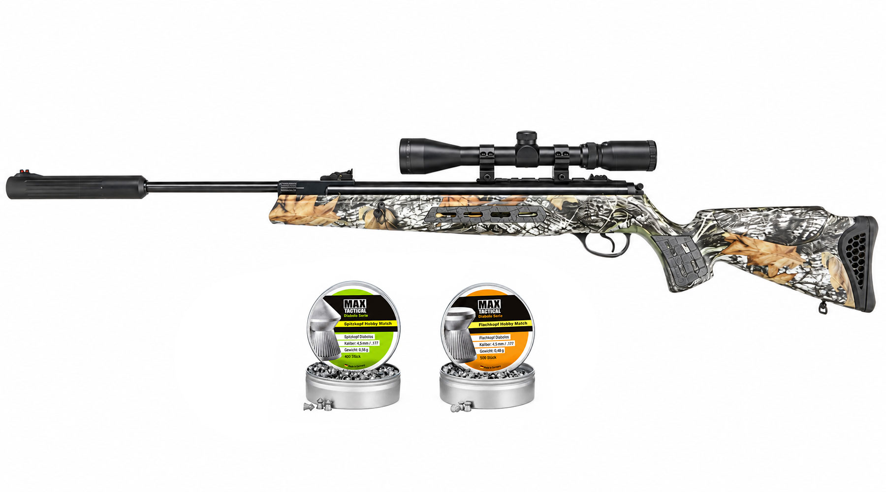 SET Hatsan 125 Sniper Knicklauf Luftgewehr 4,5 mm Diabolo Mossy Oak Camo mit Zielfernrohr 4x20 und 900 Diabolos