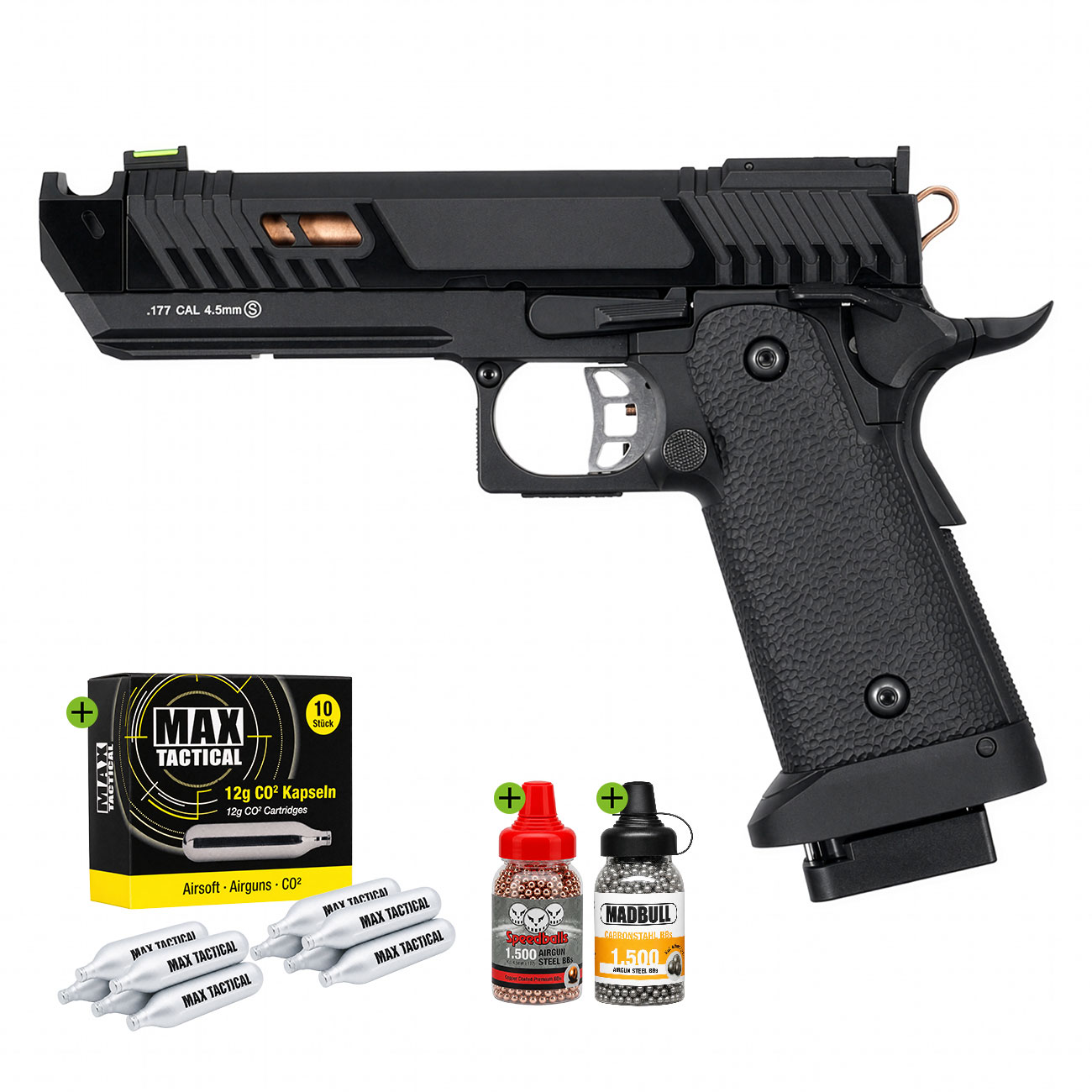 SET KLI Hi-Capa 4.3 Night Viper CO2 Luftpistole 4,5 mm BB mit Koffer, 3000 BBs und 10 CO2-Kapseln