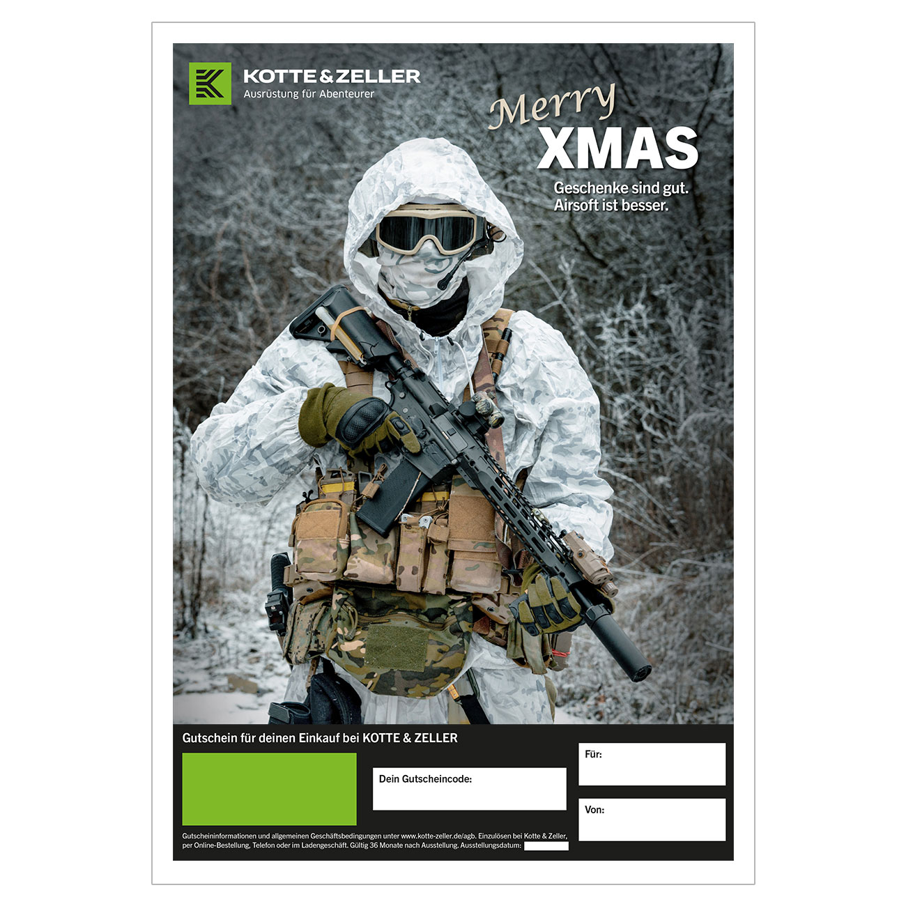 Geschenkgutschein zum Ausdrucken Weihnachtsmotiv Airsoft Merry Xmas 