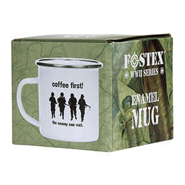 Fostex Becher Emaille 300ml oliv bedruckt Coffee First, the enemy can wait Bild 1 xxx: