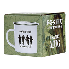 Fostex Becher Emaille 300ml weiß bedruckt Coffee First, the enemy can wait Bild 1 xxx: