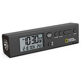 National Geographic Weltzeitwecker 4 in 1 schwarz Uhr, Thermometer, Taschenlampe, Reisewecker