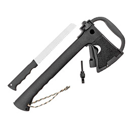 Fox Outdoor Survival Axt schwarz mit integriertem Messer, Feuerstarter und Signalpfeife inkl. Scheide